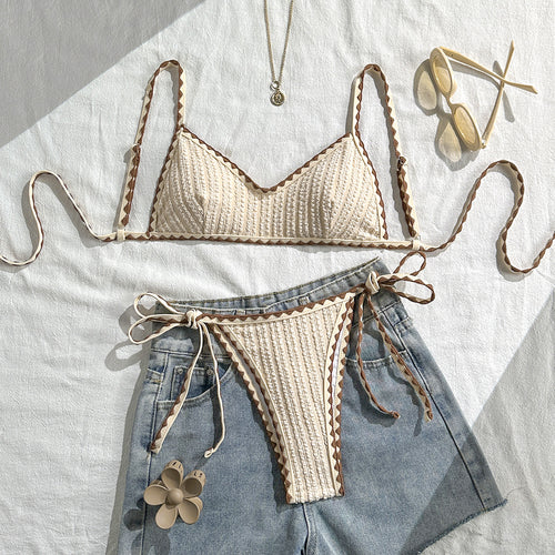 Damen Triangel-Bikini mit gestreiften Bindebändern EB