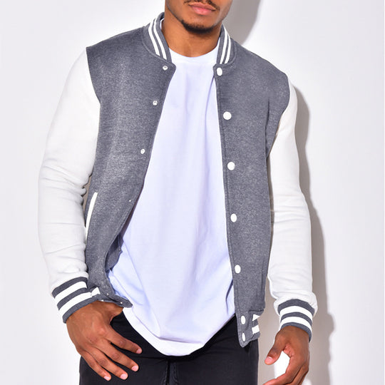 Herren nan Retro-Sport-Bomberjacke mit Druckknopfleiste, Kontrastärmeln und Rippbündchen EB