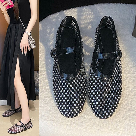 Damen Ballerinas mit strassverzierten Details und Riemchenverschluss EB
