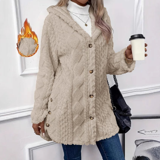 Damen kuscheliger Oversized-Mantel mit Kapuze und Knopfleiste EB