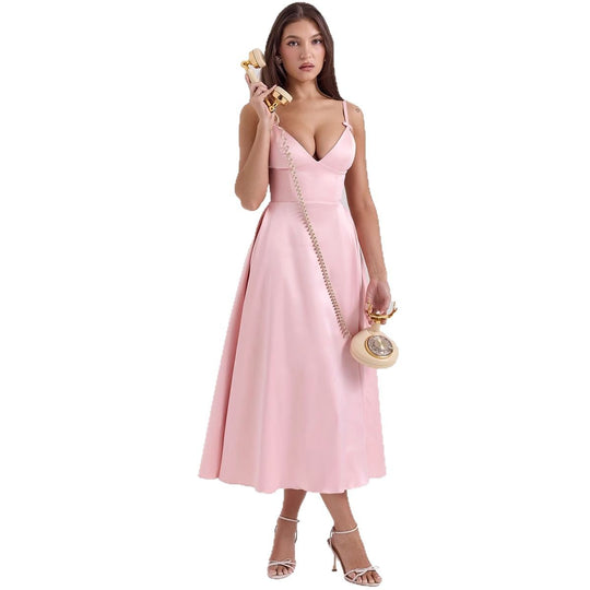 Damen Maxi-Kleid mit elegantem V-Ausschnitt und fließendem Rock EB