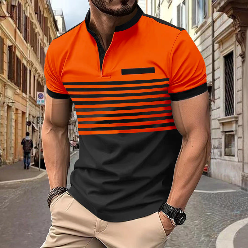 Herren nan kurzärmeliges Henley-Oberteil mit kurzer Knopfleiste, Brustpaspel und Blockstreifen EB