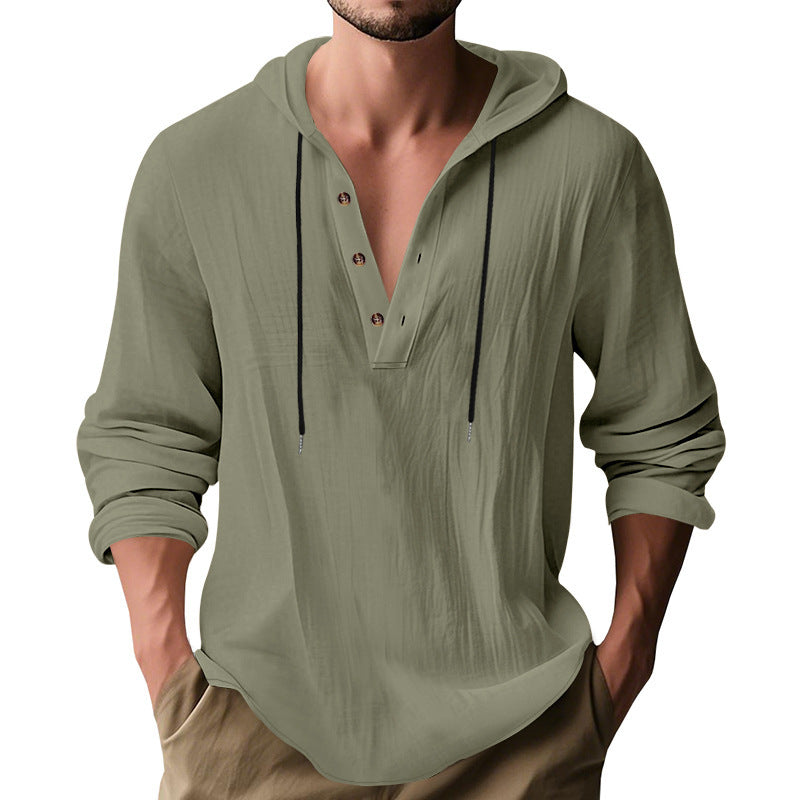 Herren nan lässiges Kapuzen-Henley Leinenmix Overshirt mit Kordelzug EB
