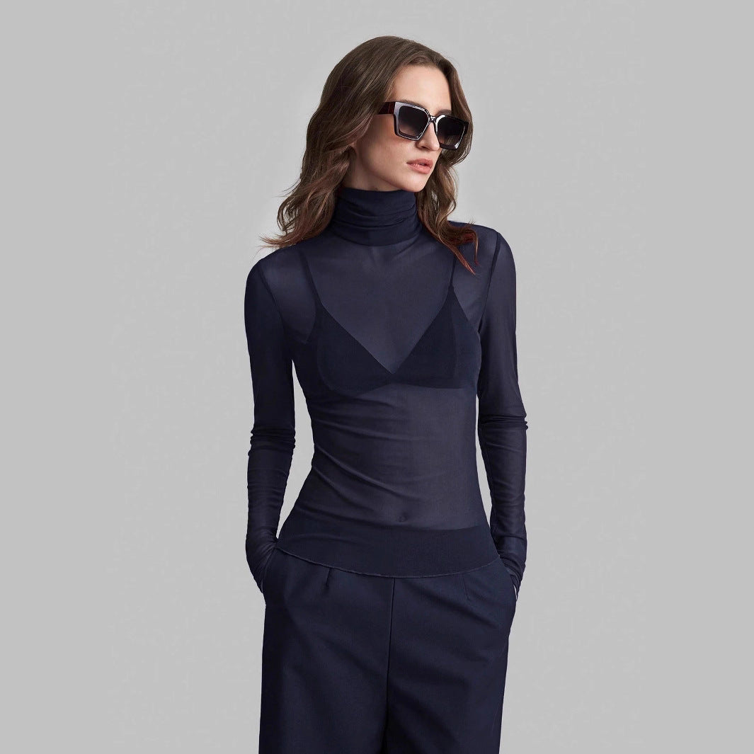 Damen Transparente Turtleneck-Bluse mit figurformendem Schnitt EB