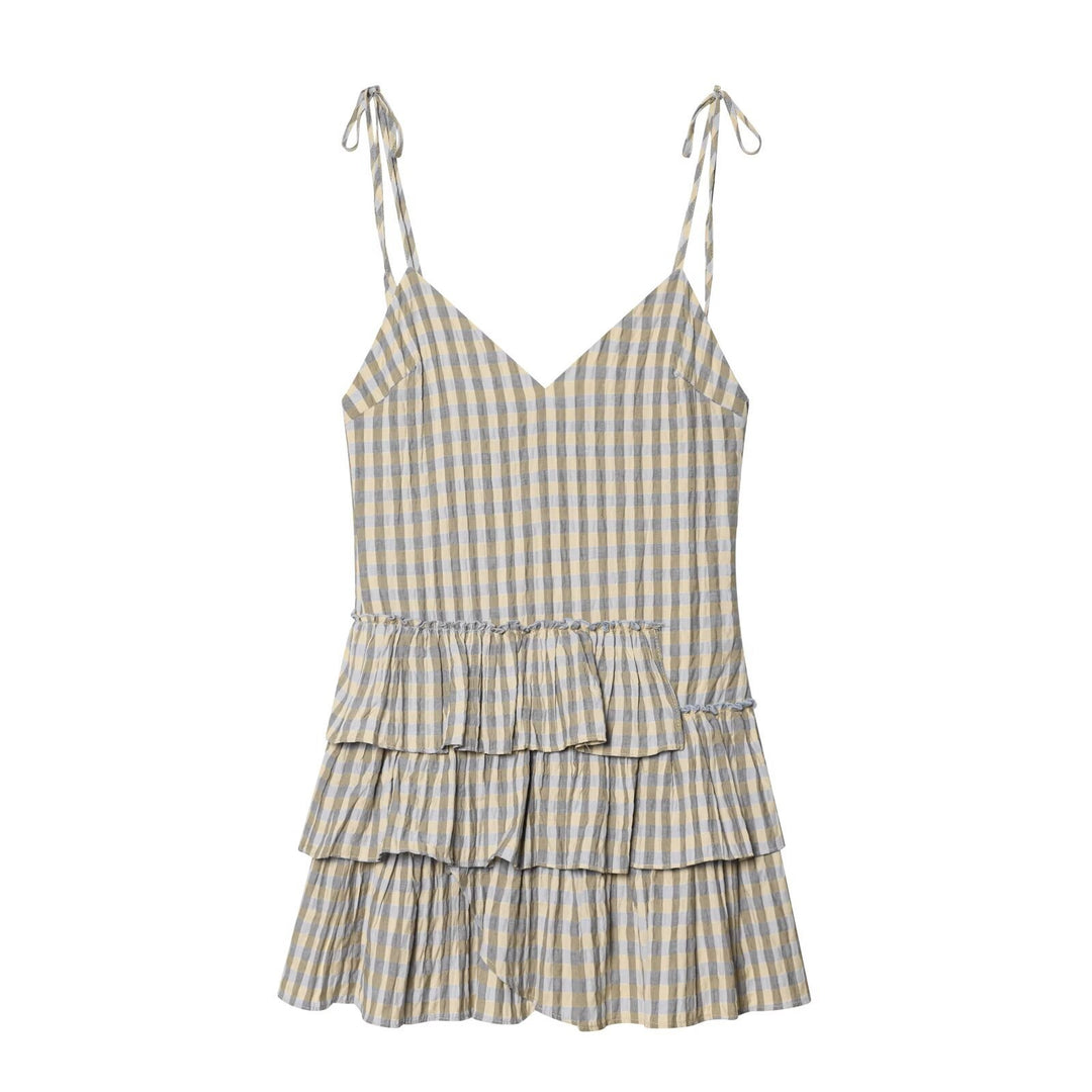 Damen luftiges V-Ausschnitt Sommerkleid mit Rüschen und verstellbaren Trägern EB