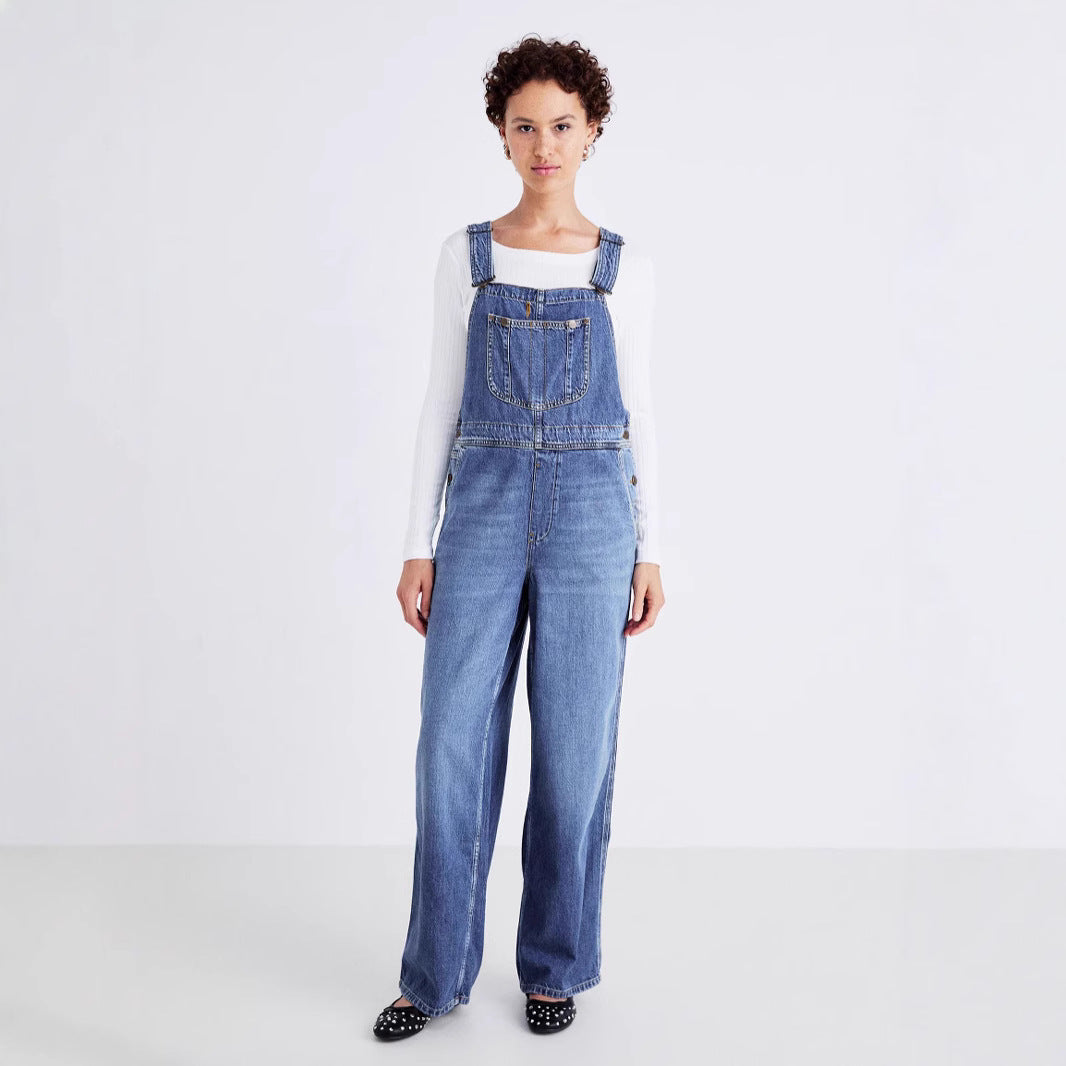 Damen Denim-Latzhose mit weitem Bein und verstellbaren Trägern EB