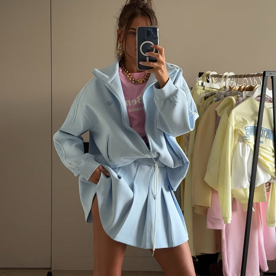 Damen trendige Sport-Loungewear mit komfortablem Oversize-Jacke und Mini-Skirt EB