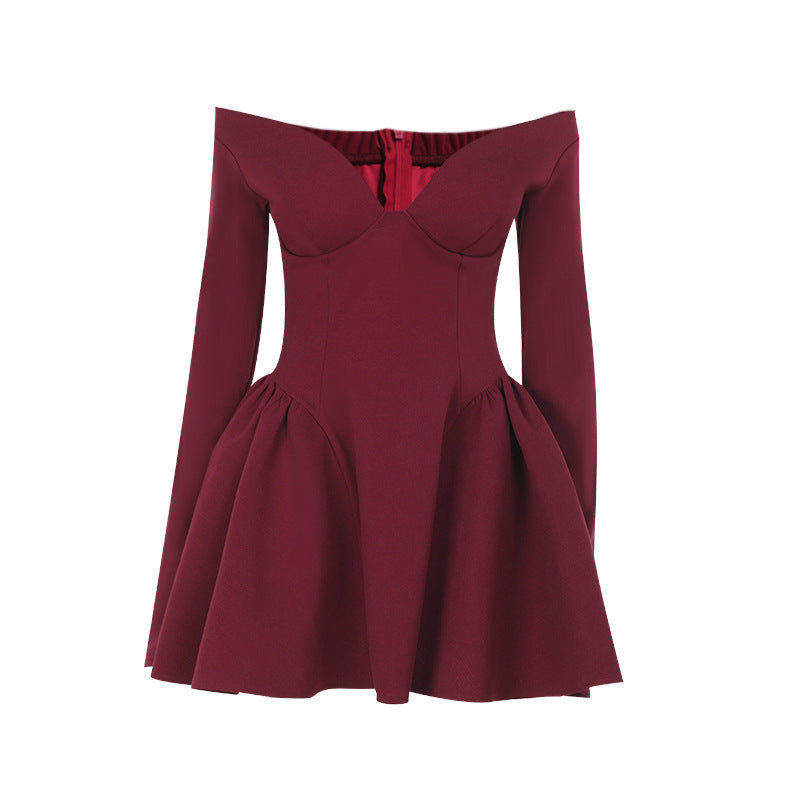 Damen elegantes schulterfreies Minikleid mit weitem Rock EB