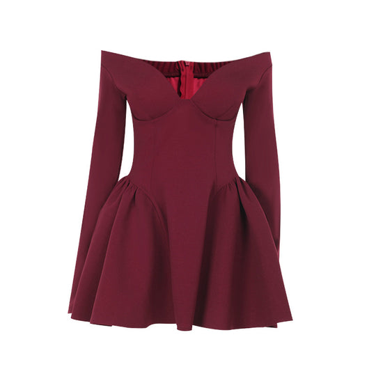 Damen elegantes schulterfreies Minikleid mit weitem Rock EB