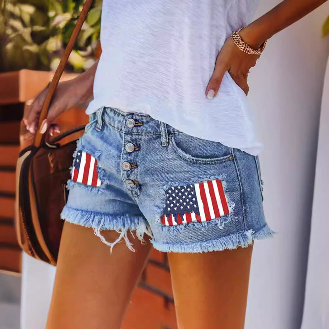 Damen Jeansshorts im Coolen USA-Design mit ausgefranstem Saum EB