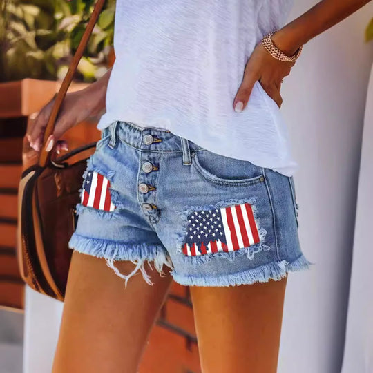 Damen Jeansshorts im Coolen USA-Design mit ausgefranstem Saum EB