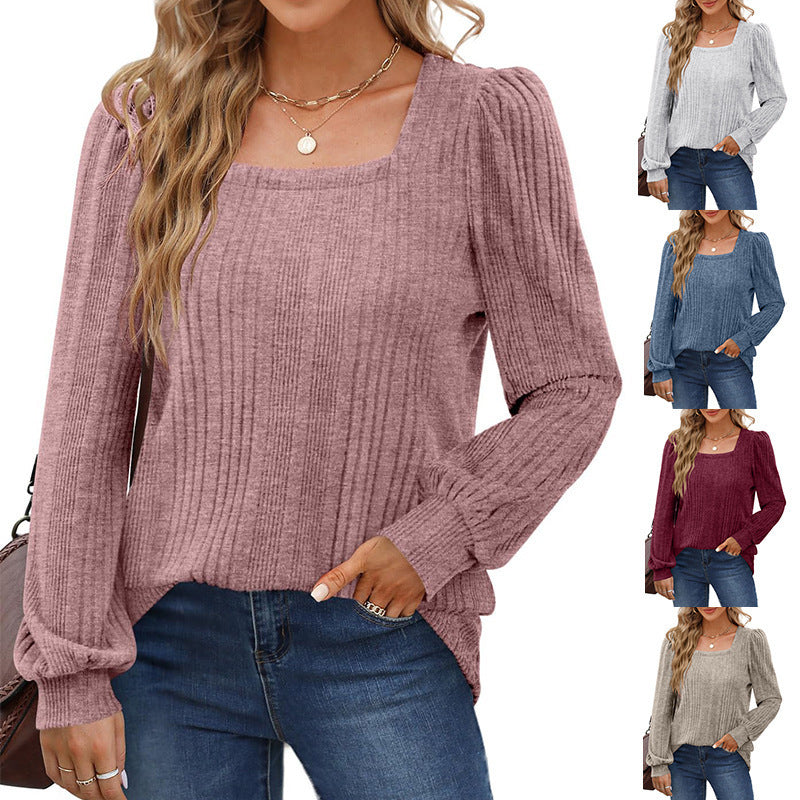 Damen gemütlicher Strickpullover mit Rippstruktur und Puffärmeln EB