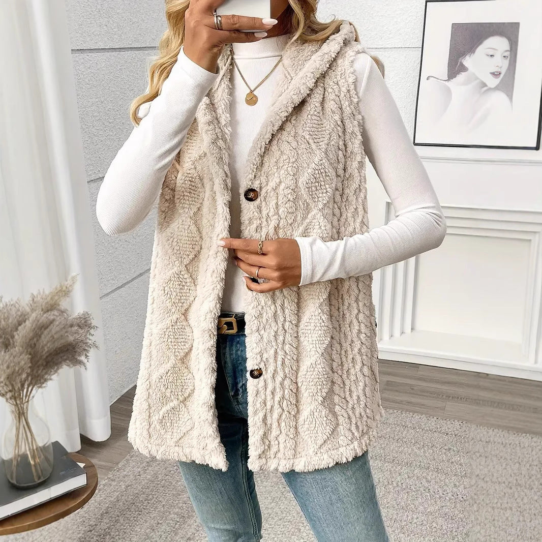 Damen Stylish gesteppte Weste mit Kapuze und Knopfverschluss EB