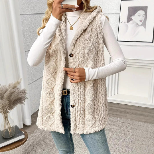 Damen Stylish gesteppte Weste mit Kapuze und Knopfverschluss EB
