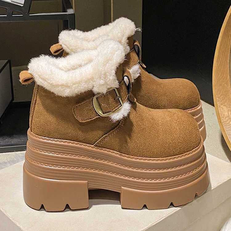 Damen Flauschige Plateau Stiefeletten mit modischer Schnalle EB