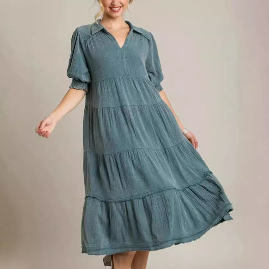 Damen lässiges Maxikleid mit V-Ausschnitt und volumetrischen Ärmeln EB