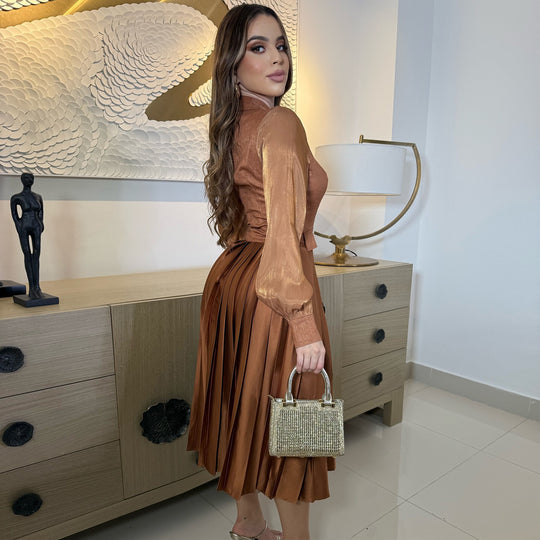 Damen Midikleid mit klassischem Kragen und eleganter Faltenoptik EB