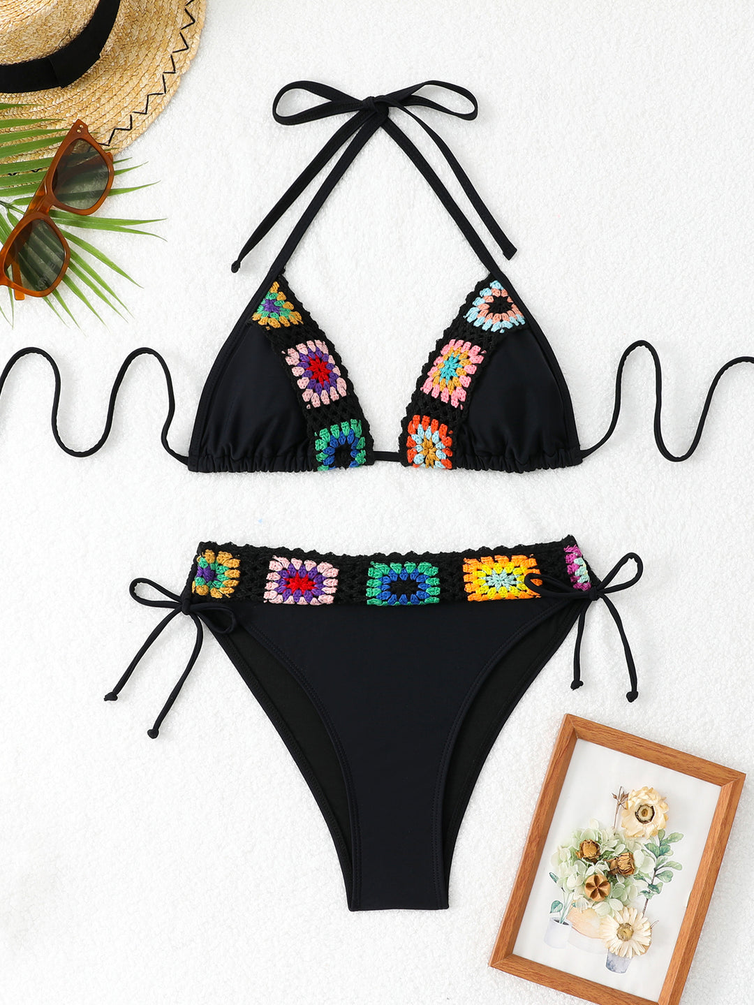 Damen Triangel-Bikini-Set mit buntem Häkelbund EB
