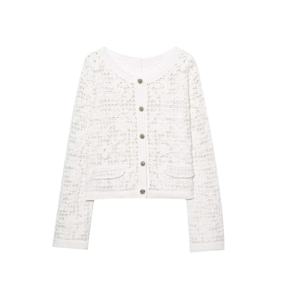 Damen Strickjacke mit feinem Häkelmuster und eleganten Knopfdetails EB