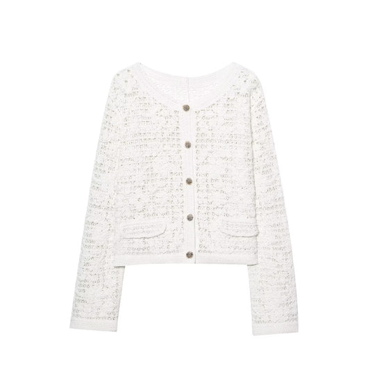 Damen Strickjacke mit feinem Häkelmuster und eleganten Knopfdetails EB