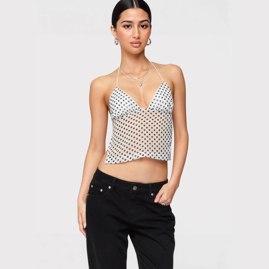Damen Transparente Bluse mit Punktmuster und dehnten Trägern EB