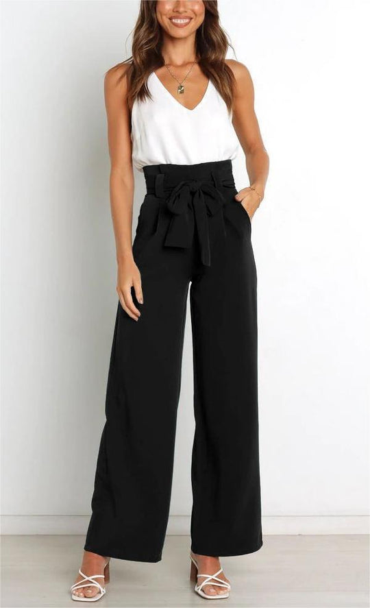 Damen Weite High-Waist Paperbag-Hose mit Bundfalten und Bindegürtel EB
