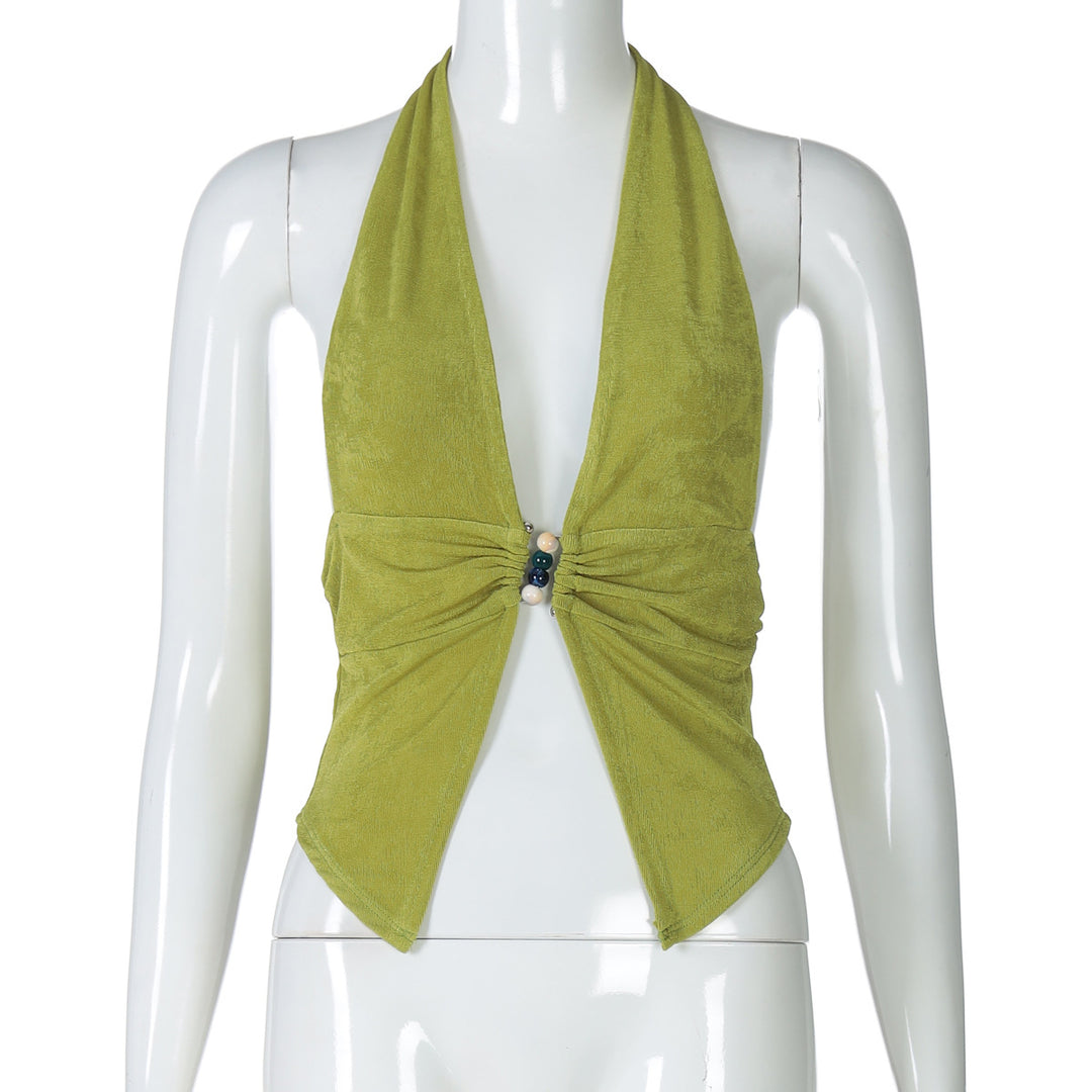 Damen Haltertop mit eleganter Raffung und dekorativen Perlen EB
