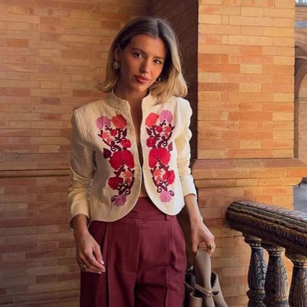 Damen elegante gestickte Blazerjacke mit floralem Design EB