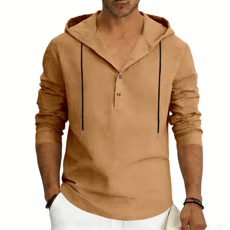 Herren nan Leinen-Henley-Kapuzenhemd mit kurzer Knopfleiste, Kapuze und relaxtem Schnitt EB