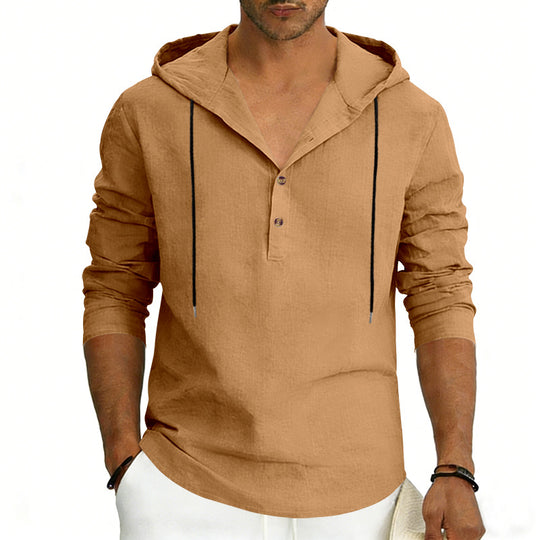 Herren nan Leinen-Henley-Kapuzenhemd mit kurzer Knopfleiste, Kapuze und relaxtem Schnitt EB