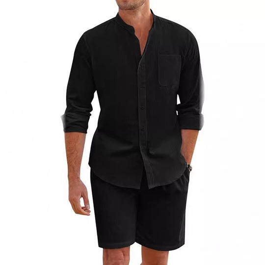 Herren nan Leinenoptik-Zweiteiler mit Stehkragen-Hemd, Brusttasche und legeren Shorts EB