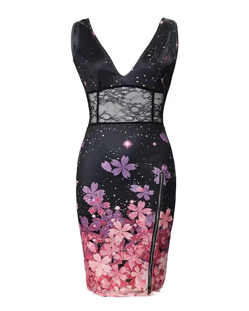 Damen Elegantes Blumenkleid mit tiefem V-Ausschnitt und Spitzen-Details EB
