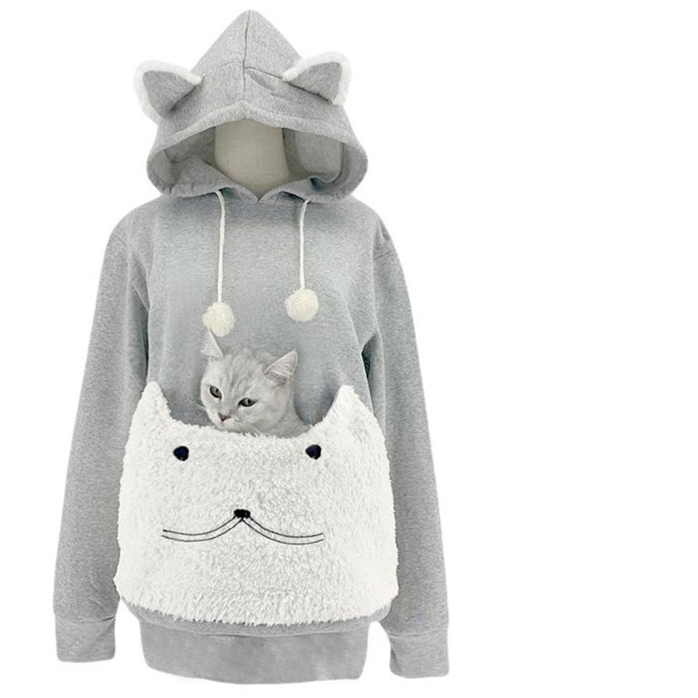 Damen Kuscheliger Kapuzenpullover mit Katzenmotiv und praktischer Känguru-Tasche EB