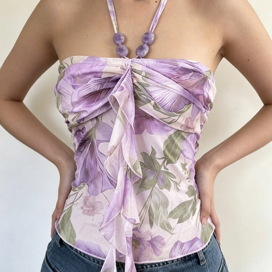 Damen Spaghetti-Trägertop mit floralen Einsätzen und transparenten Rüschen EB