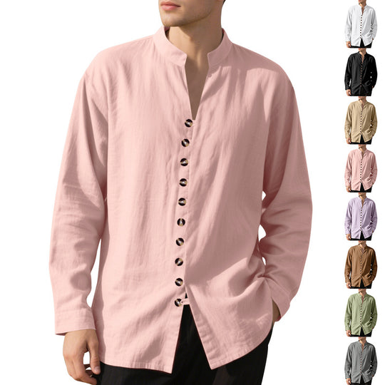 Herren nan lässiges Leinenhemd mit Mandarinkragen, durchgehender Zierknopfleiste und aufrollbaren Ärmeln EB