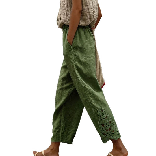 Damen Casual-Hose aus Leinenmischung mit elastischem Tunnelzugbund und Spitzenstickerei am Bein EB