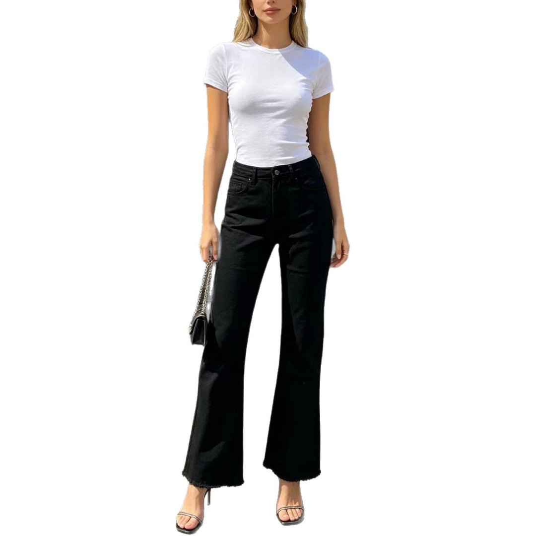 Damen nan hochgeschnittene Flared-Jeans mit taillierendem Bund, leichtem Stretch und rohem Saum EB