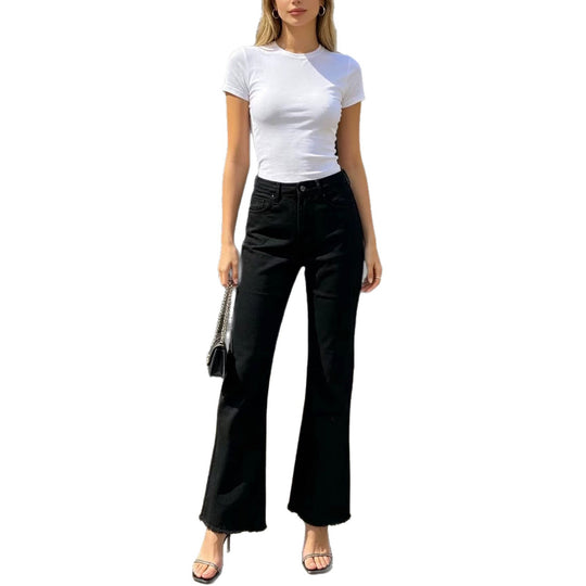 Damen nan hochgeschnittene Flared-Jeans mit taillierendem Bund, leichtem Stretch und rohem Saum EB