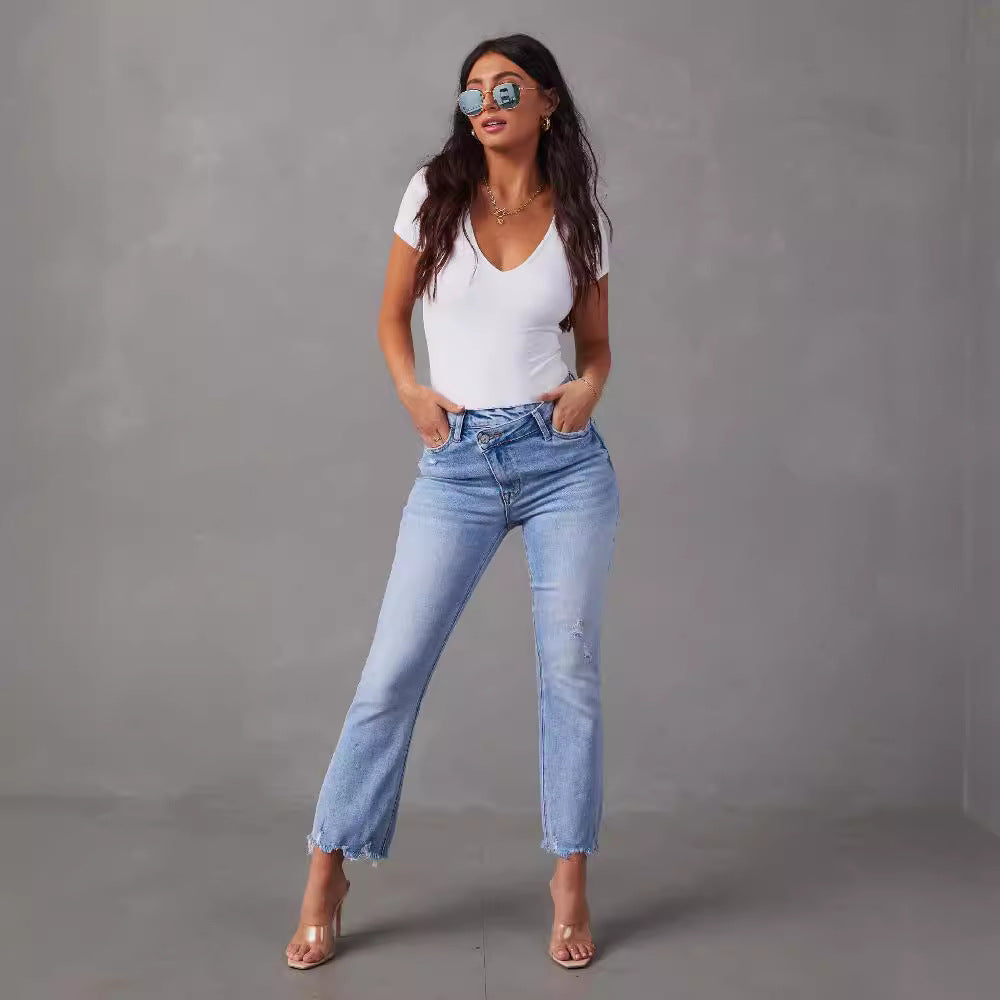 Damen High-Waist Jeans mit trendy Fransen und distressed Details EB