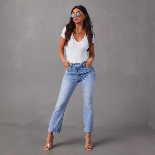 Damen High-Waist Jeans mit trendy Fransen und distressed Details EB