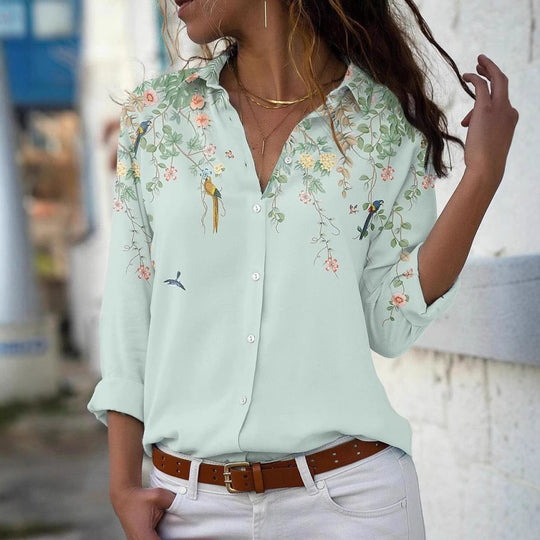 Damen nan leichte Chiffonbluse mit floralem Vogelprint, Knopfleiste und lässigem Schnitt EB