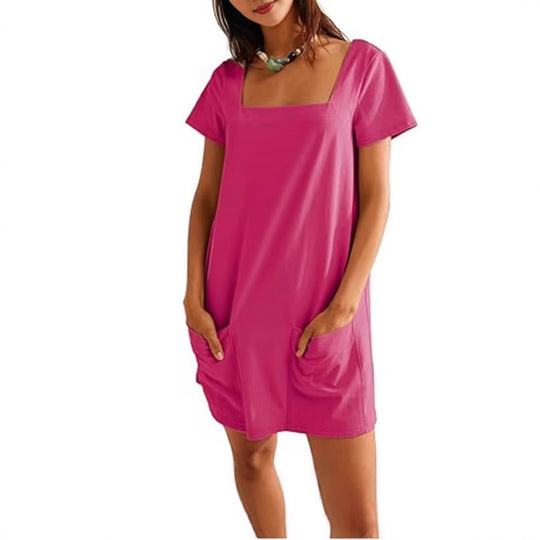 Damen lässiges Tunika-Kleid mit praktischen Taschen und Quadrat-Ausschnitt EB