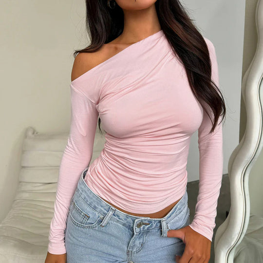 Damen Langarm-Crop-Top mit asymmetrischem Ausschnitt und Raffung EB