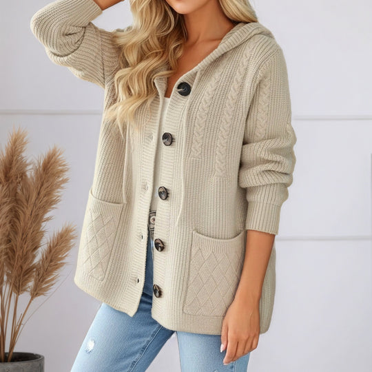 Damen nan gerippter Kapuzen-Strickcardigan mit Zopfmuster, großen Holzknöpfen und aufgesetzten Taschen EB