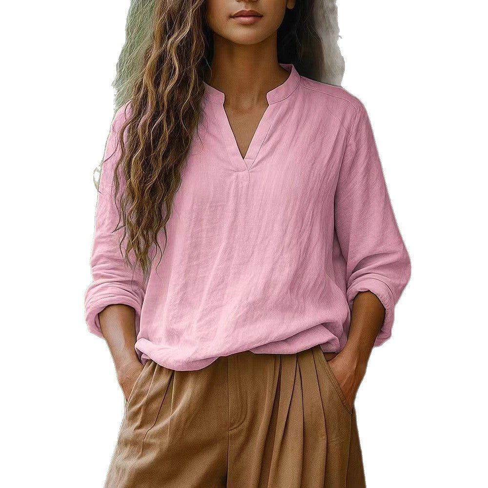 Damen Casual Tunika-Bluse in Leinenoptik mit kleinem Stehkragen und V‑Schlitz EB