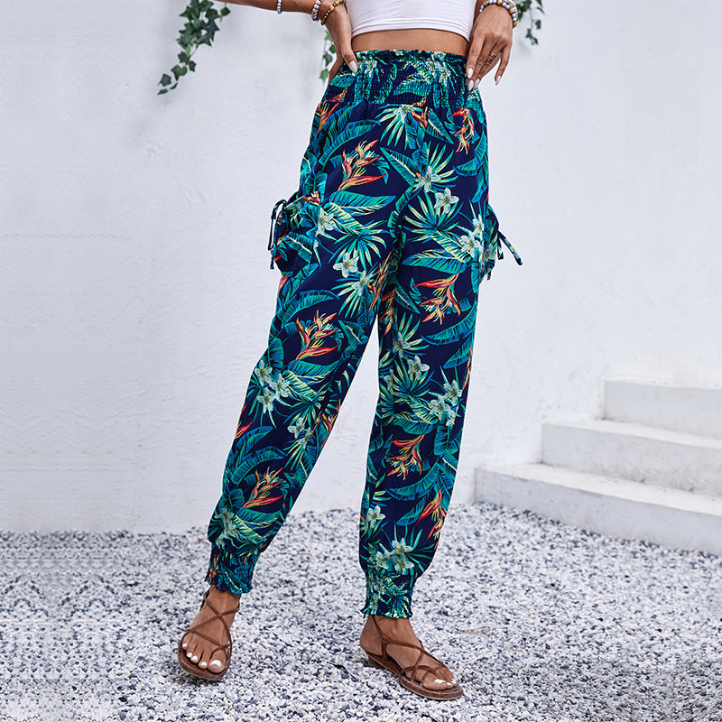 Damen Comfortable Cargo-Hose mit tropischem Muster und elastischem Bund EB
