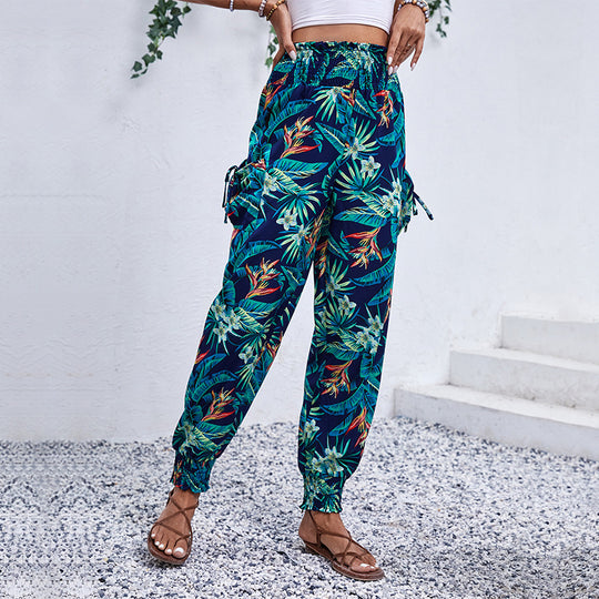 Damen Comfortable Cargo-Hose mit tropischem Muster und elastischem Bund EB