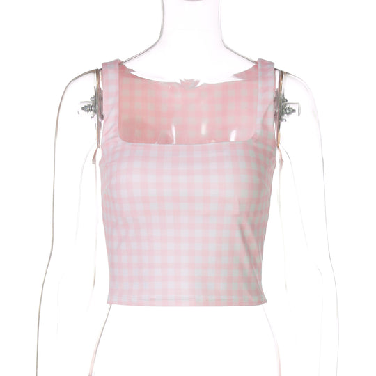 Damen Crop-Top mit quadratischem Ausschnitt und Karomuster EB