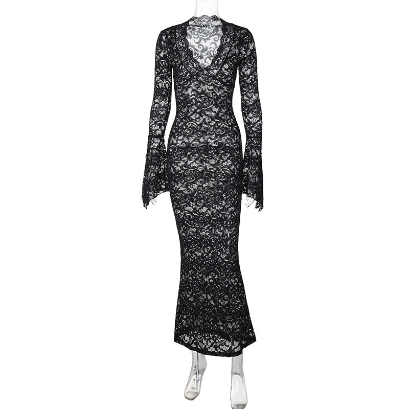 Damen Figurbetontes Spitzenkleid mit tiefem V-Ausschnitt und nostalgischen Puffärmeln EB