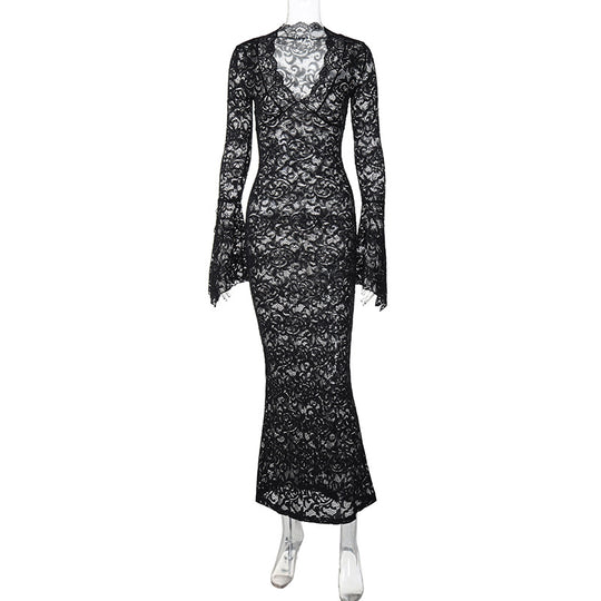 Damen Figurbetontes Spitzenkleid mit tiefem V-Ausschnitt und nostalgischen Puffärmeln EB